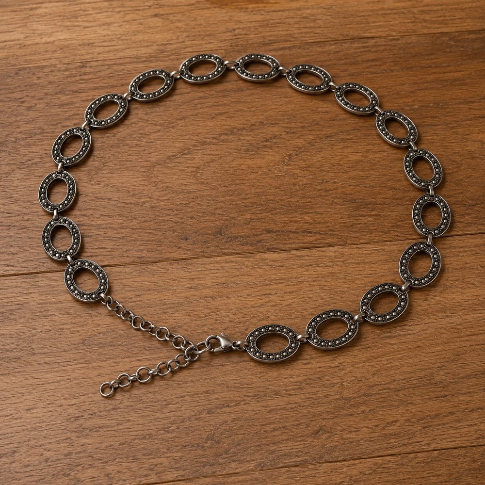 Boho Silver Oval Link Chain Belt Antique Filigree Style Metal Festival Statement - Picture 2 of 6